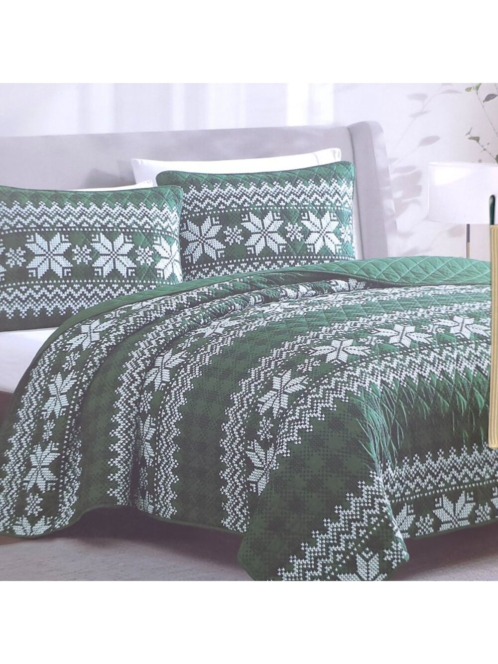 Lenox 3-Piece Full/Queen Quilt Set Green Snowflake Pattern Holiday Easy Care